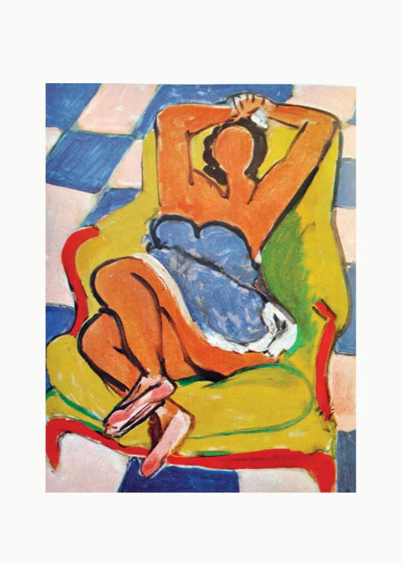 Page avec un tableau sur fond blanc "Le repos de la danseuse" de Matisse. Est représentée une danseuse assise confortablement sur un sofa vert avec des accoudoirs et pieds rouges posé sur un sol en damier blanc et bleu. La danseuse porte une petite robe bustier bleue avec un ourlet blanc.