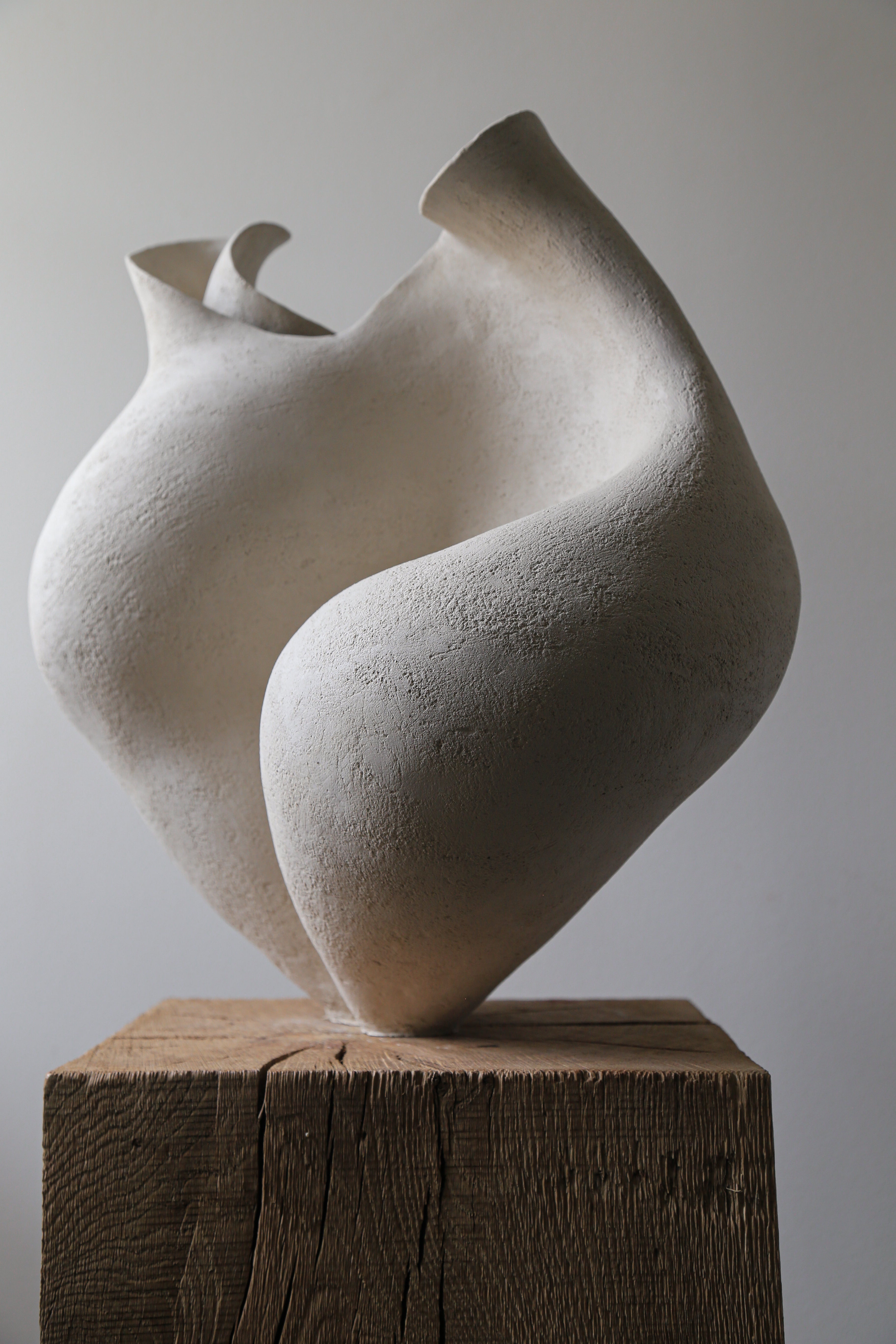 La sculpture en grès moderne, avec ses formes organiques et fluides, sa surface texturée et sa couleur écru, est une véritable œuvre d'art. Elle est présentée sur un support en bois, mettant en valeur son design élégant et artistique. Cette pièce maîtresse évoque le mouvement et la grâce, attirant l'œil par sa silhouette captivante et son esthétique contemporaine.