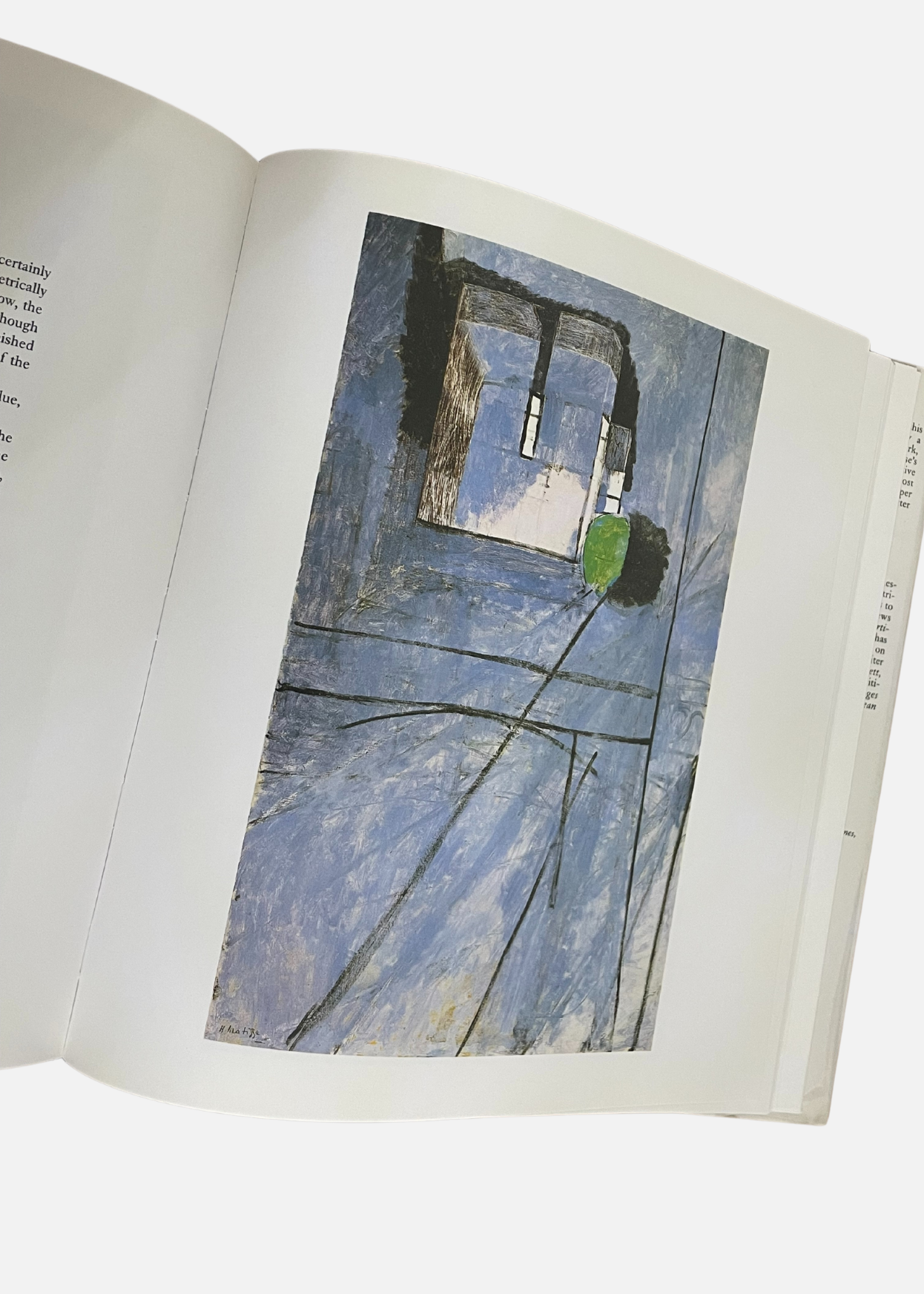 Page ouverte du livre sur les oeuvres de Matisse, montrant la peinture Vue sur Notre Dame. Il représente une vue d'une fenêtre dans l'appartement de l'artiste, presque entièrement recouverte de bleu et laissant entrevoir les premiers éléments de la composition.