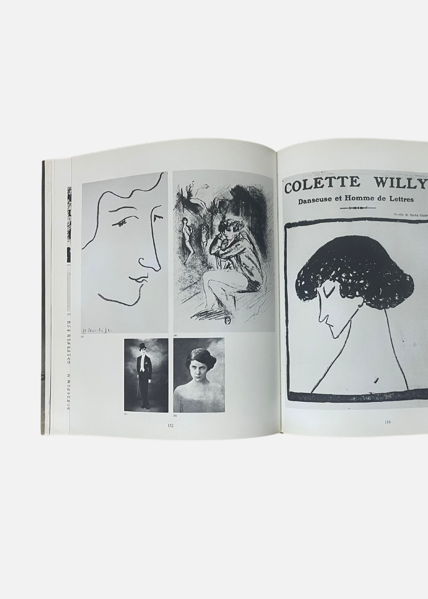 Page ouverte du livre Colette A Passion For Life, montrant des illustrations en noir et blanc. Deux dessins représentent Colette, une photo montre un homme en costume, le jeune Maurice Chevalier, ainsi qu'un portrait de la chanteuse bretonne Marguerite Boulc'h.