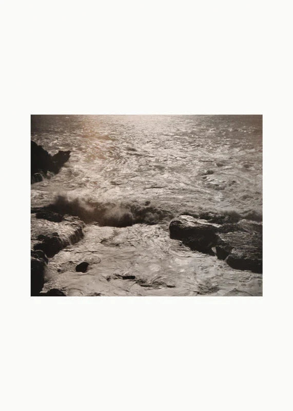 La photographie en noir et blanc d'Edward Weston capture la puissance et la beauté de la nature dans un paysage marin où les vagues s'entrechoquent contre les rochers, tandis que le soleil scintille sur l'eau.