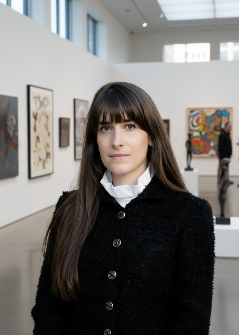 Portrait de la fondatrice de Sidonie Paris, Elisa Giradet dans une galerie d'Art portant la veste en Tweed Clara et le chemisier Sidonie.
