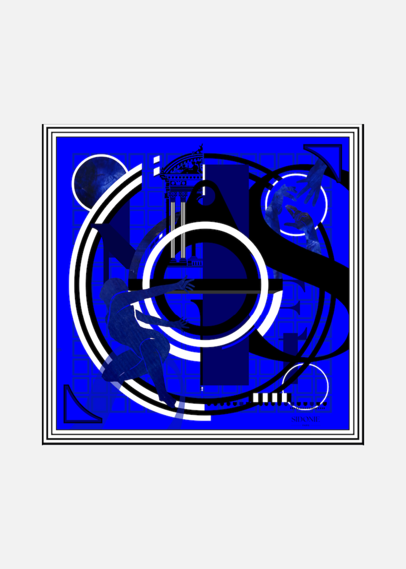 Visuel de foulard en soie. Oeuvre d'art contemporaine en bleu électrique, présentant des silhouettes en mouvement sur fond géométrique, évoquant un contraste entre l'architecture classique et l'art moderne.