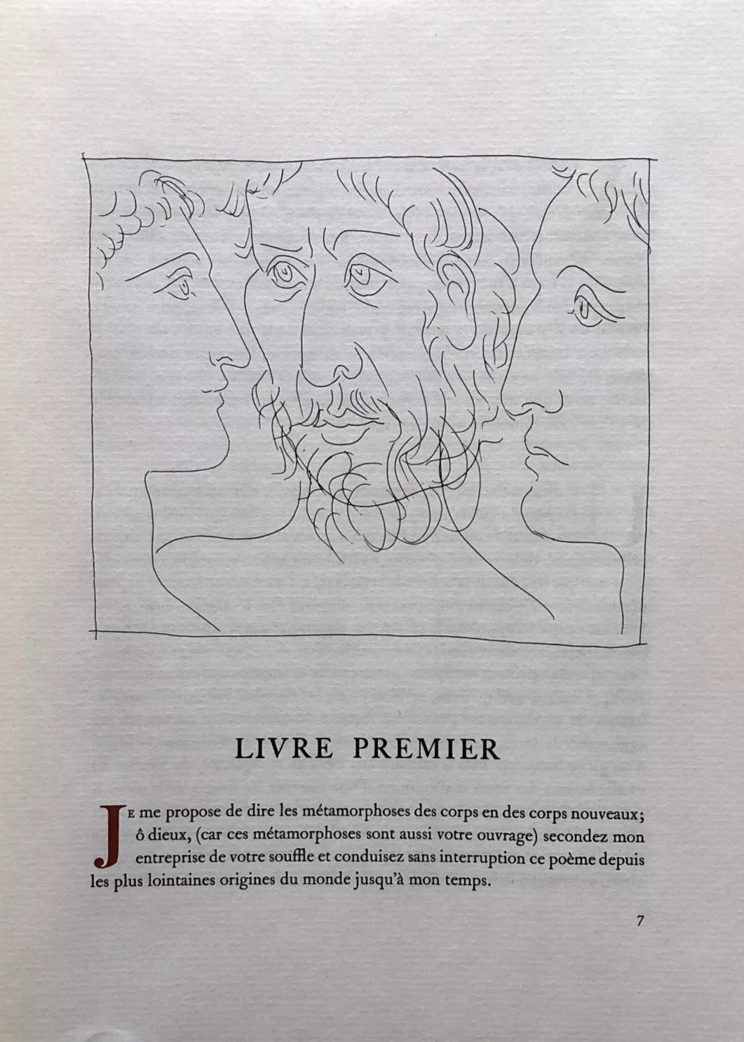 Page du livre Les Métamorphoses d'Ovide, présentation une illustration de Picasso et un court texte du livre premier.